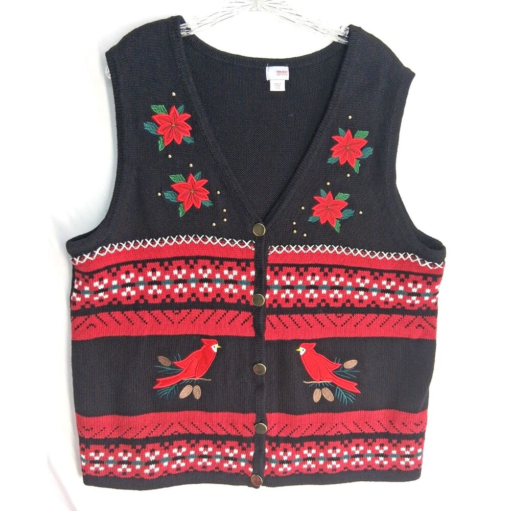 Vintage Holiday Editions Christmas Sweater Vest XL – Red Cardinals & Poinsettias